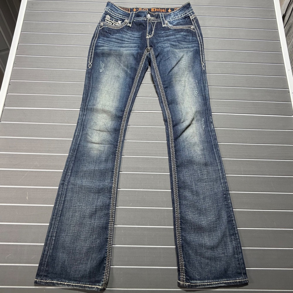 Rock Revival Jamila Bootcut Jeans Womens 28 Dark Wash Contrast Stitch E8401BX